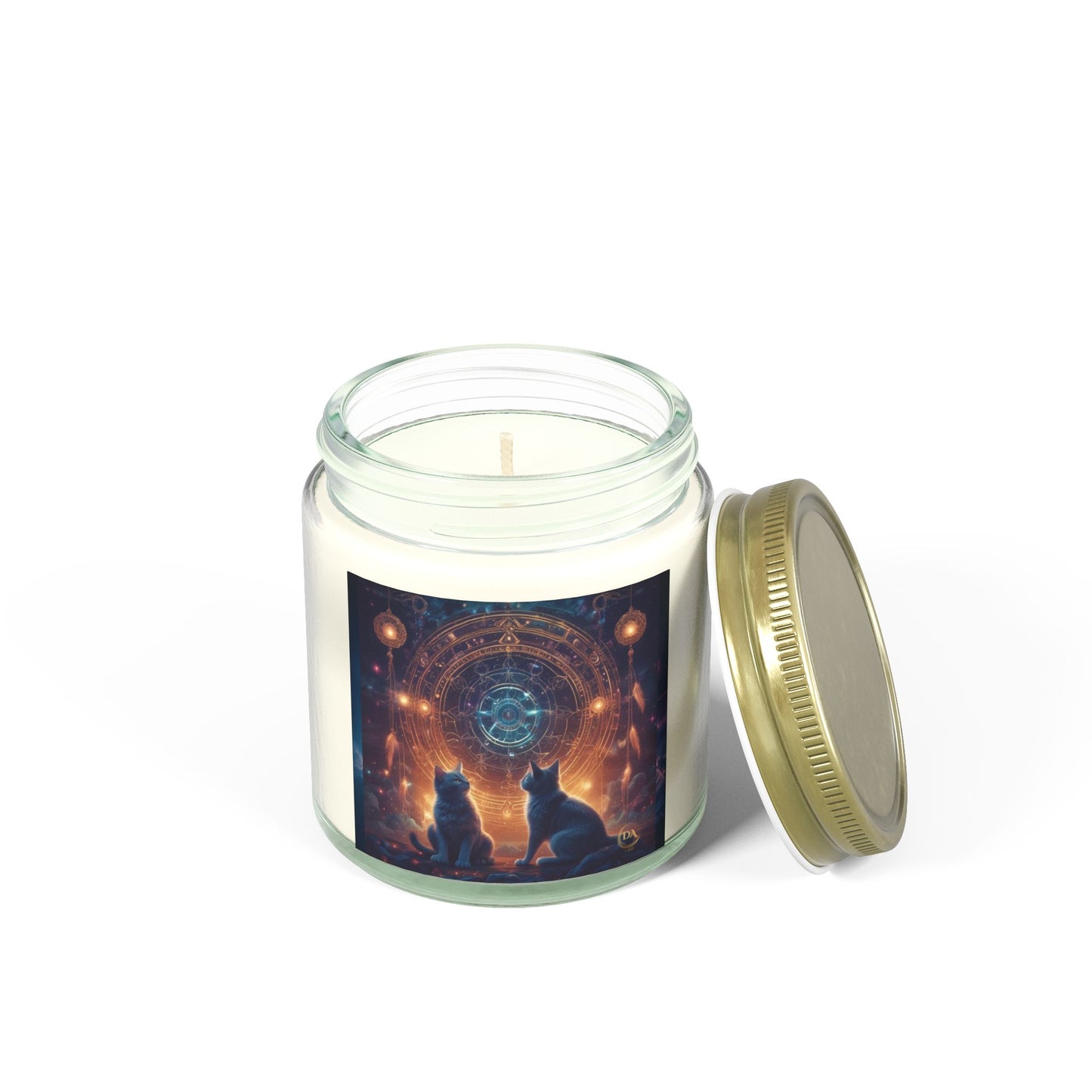 Premium Coconut Apricot Wax Scented Candles, Various Floral & Spice Fragrances (4oz), Spiritual Christmas Holiday Cat Lover Pet Gift, Black Cats Sacred Geometry Galaxy Space Fantasy Cat Art, by Divine Arts
