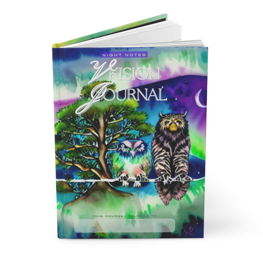 Divine Arts Hardcover Matte Laminate Coating Ruled Line Wraparound Art Journal Notebook Stationery - Tree Owls Perched on Line Amidst Green and Purple Aurora Borealis in Watercolor Design on Front and Back Covers Nature Spiritual Outdoors