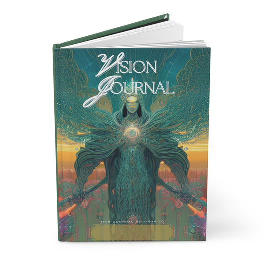 Divine Arts Hardcover Journal Notebook Stationery Matte Laminate Coating, Ruled Line Wraparound Art- Large Front View of Forest Green Valkyrie Celestial Being with Two Pink Plasma Light Weapons and Long Ascending Wispy Wings Guarding the City at Sunset