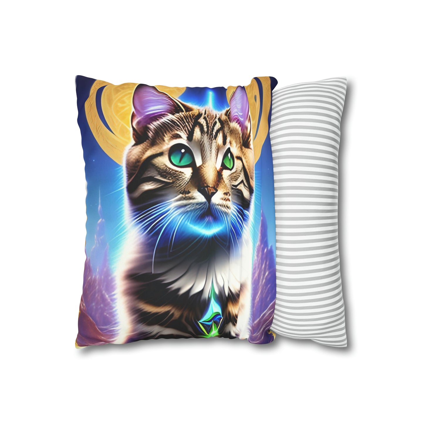 Divine Arts Faux Suede Double-Sided Square Pillow Case in Four Sizes - Fantasy Galaxy Space Cat Lover Male Brown Tabby Cat with Green Eyes Green Merkaba & Golden Aura Plates in Moutains