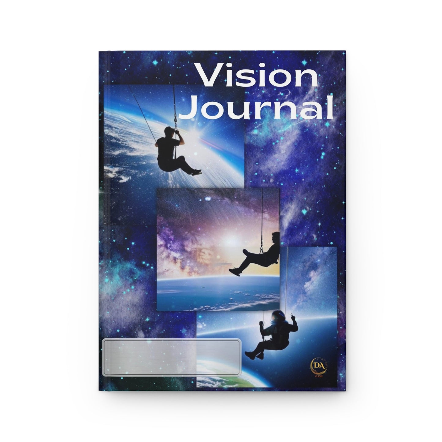 Divine Arts Hardcover Journal Notebook Stationery Matte Laminate Coating Ruled Line Wraparound Art - Fantasy Space Art with Silouhette of Young Man Swinging on a Space Swing Amidst Blue, Purple and White Nebulous Clouds and Stars Front and Back Cover