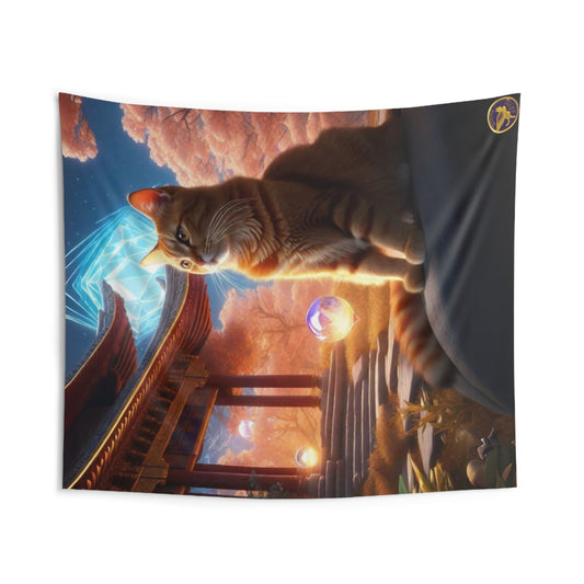 Indoor Polyester Wall Tapestry (88"X 104"), Large Ginger Tabby Cat Sits by a Temple in a Picturesque Scene Framed by Vibrant Autumn Tree Foilage with a Large Light Blue Diamond in the Sky, Diamond Sutra Art, by Divine Arts