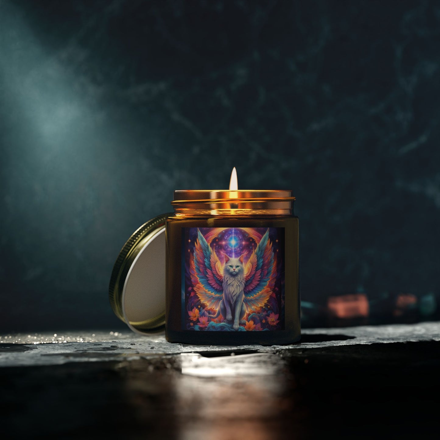 Premium Coconut Apricot Wax Scented Candles, Various Floral & Spice Fragrances (4oz), Spiritual Christmas Holiday Cat Lover Pet Gift, Galaxy Space White Angel Cat Art, by Divine Arts