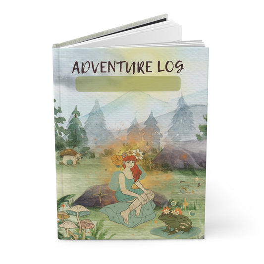 Divine Arts Hardcover Journal Notebook Stationery Matte Laminate Coating Ruled Line Wraparound Art - Fantasy Cottage Core Red Hair Fairy in Green Dress  Beside Large Frog with Flower Tiara Amidst Mushrooms in an Enchanted Forest Grove on Bright Sunny Day