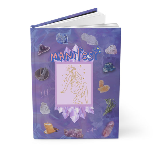 Divine Arts Hardcover Matte Journal Ruled Line Manifestation Journal- Divine Feminine Young Lady Outlined in Gold Amidst Golden Stars in Amethyst Window Surrounded by Various Colorful  Crystals and Sage on Lavendar Front and Back Cover Art