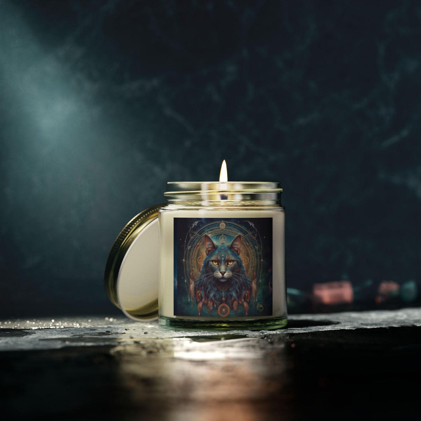 Premium Coconut Apricot Wax Scented Candles, Various Floral & Spice Fragrances (4oz), Spiritual Christmas Holiday Cat Lover Pet Gift, Gray Cat Galaxy Space Fantasy Tribal Art, by Divine Arts