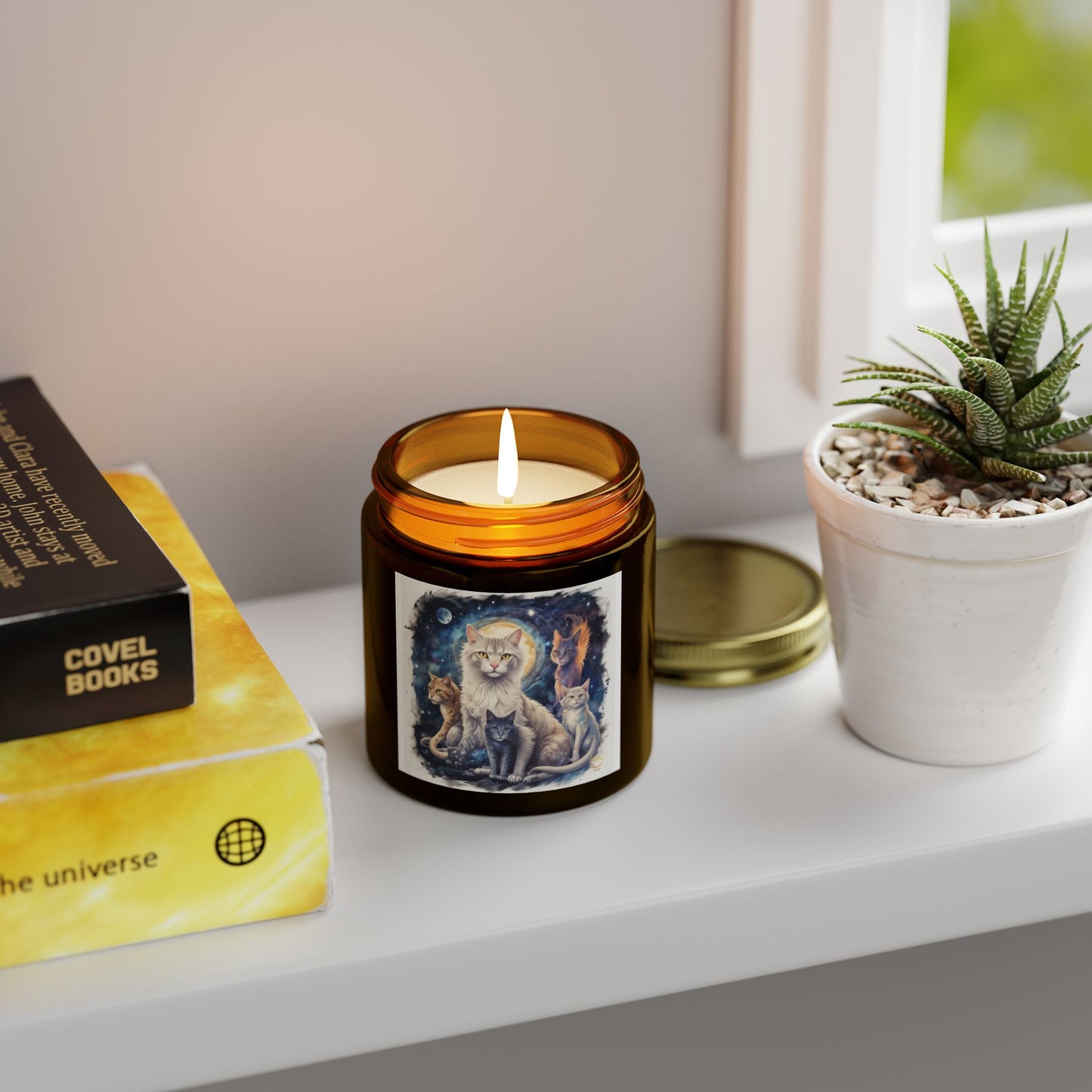 Premium Coconut Apricot Wax Scented Candles, Various Floral & Spice Fragrances (4oz), Spiritual Christmas Holiday Cat Lover Pet Gift, Ginger, White, Gray & Brown Cats Galaxy Space Fantasy Cat Art, by Divine Arts