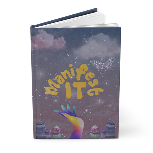Divine Arts Hardcover Journal Notebook Stationery Laminate Coating Matte Ruled Line Wraparound Art- Rainbow Manifest It Hand With Various Colorful Crystal Obelisks on Starry Cloudy Lavendar Front and Back Cover Art