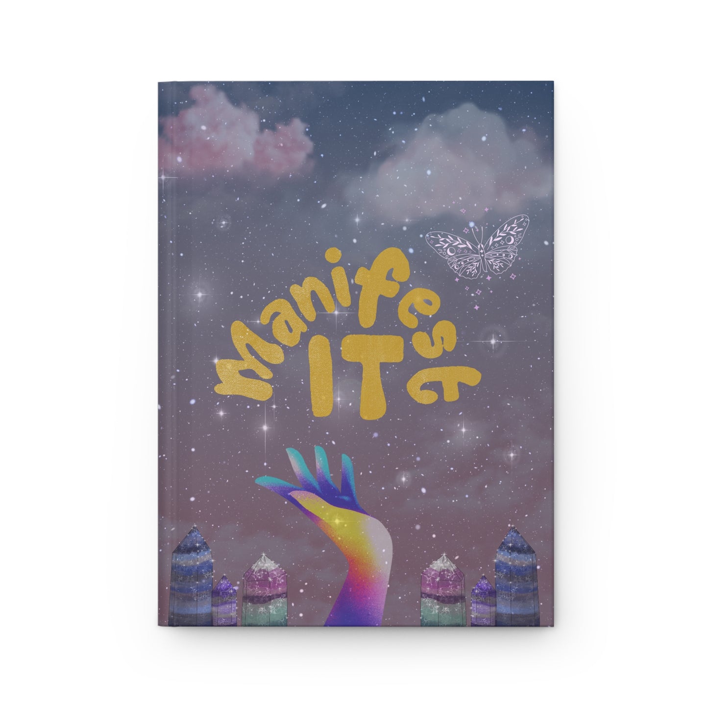 Divine Arts Hardcover Journal Notebook Stationery Laminate Coating Matte Ruled Line Wraparound Art- Rainbow Manifest It Hand With Various Colorful Crystal Obelisks on Starry Cloudy Lavendar Front and Back Cover Art