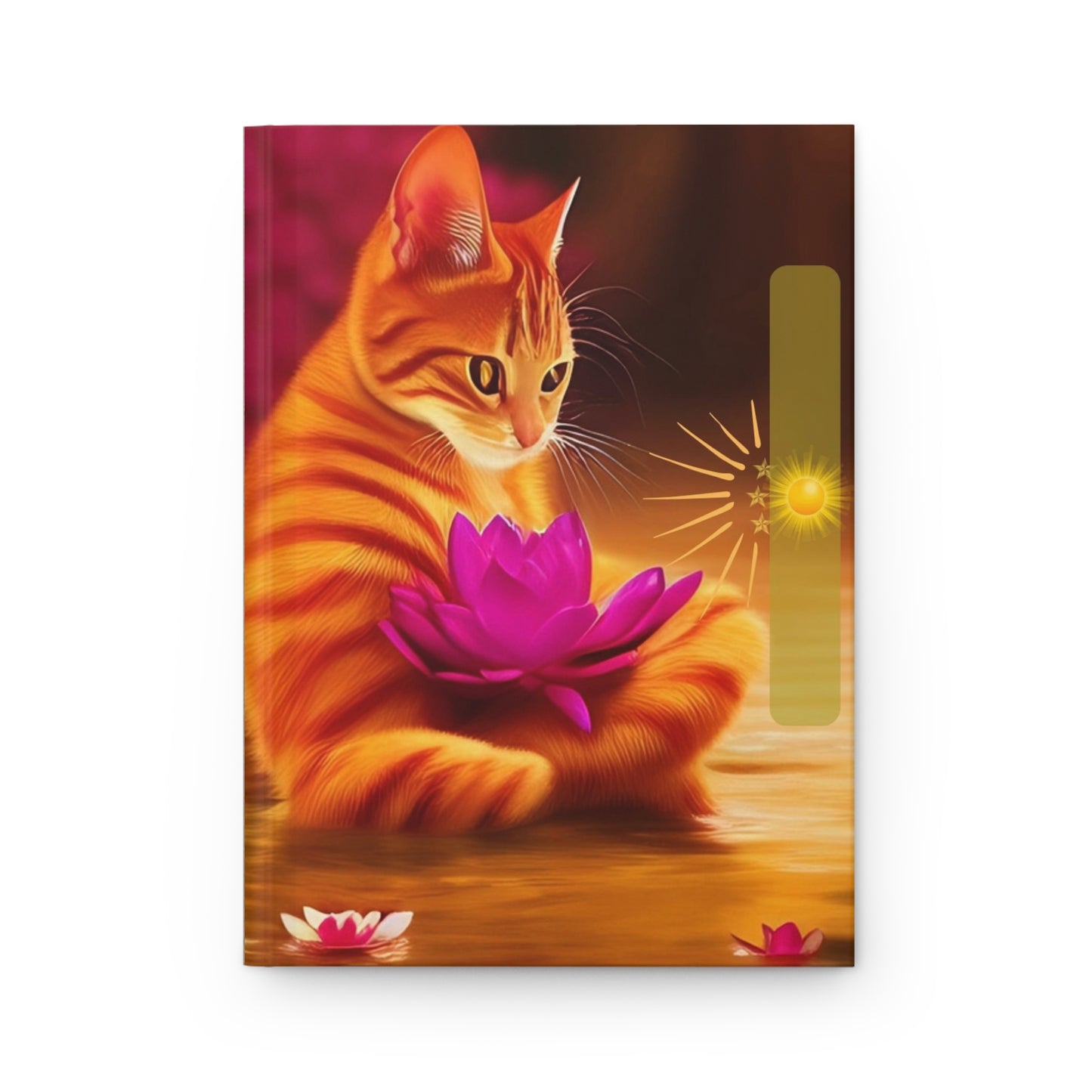 Divine Arts Hardcover Journal Notebook Stationery Matte Lamimate Coating Ruled Line Wraparound Art- Large Orange Tabby Cat Meditating With Large Magenta Lotus on Lap with Smooth Brown Leather Print Back Cover