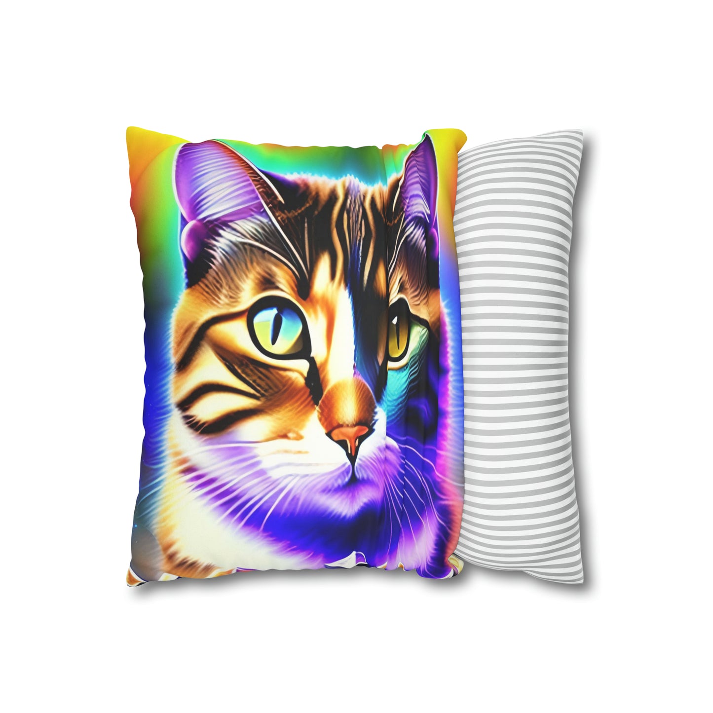 Divine Arts Faux Suede Double-Sided Square Pillow Case - Fantasy Galaxy Space Cat Lover Brown Tabby Cat with Heterochromia Meditating in Rainbow Trance Colors Pillow Cover in Four Sizes