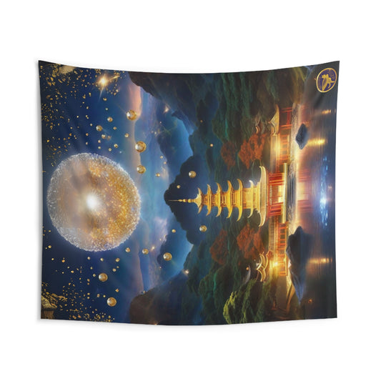 Indoor Polyester Wall Tapestry (88"X 104"), Golden Temple Pagoda & Pavillon in Valley between Reflective Lake & Mountains, Alight with Golden Bubbles Above, Diamond Sutra Art, by Divine Arts