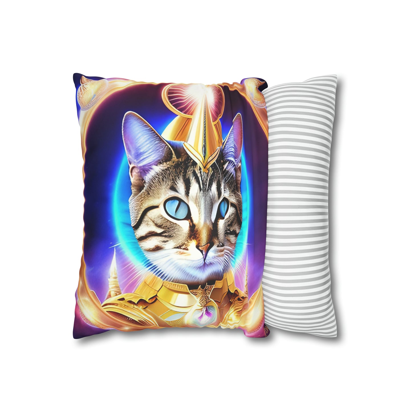 Divine Arts Faux Suede Double-Sided Square Pillow Case - Fantasy Galaxy Space Cat Lover Female Brown Gray Tabby Cat with Blue Eyes in Ornate Golden Armor with Light Blue Maharaic Shied Aura as Realized Merkaba Master Pillow Cover in Four Sizes