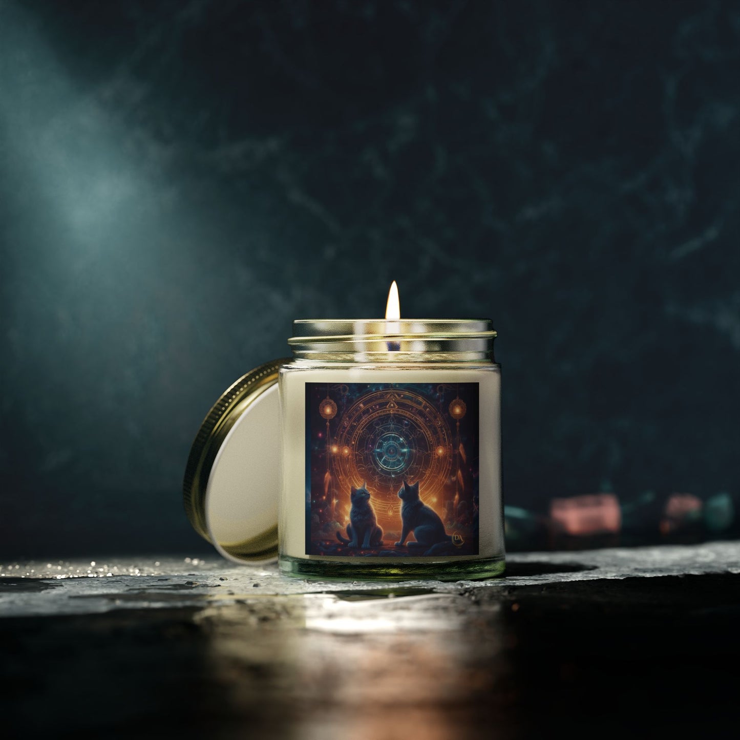 Premium Coconut Apricot Wax Scented Candles, Various Floral & Spice Fragrances (4oz), Spiritual Christmas Holiday Cat Lover Pet Gift, Black Cats Sacred Geometry Galaxy Space Fantasy Cat Art, by Divine Arts