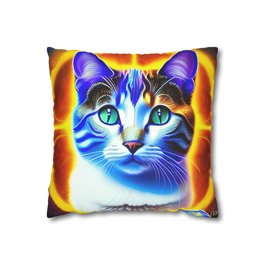 Divine Arts Faux Suede Double-Sided Square Pillow Case - Fantasy Galaxy Space Cat Lover  Large Close Up View of the Face of a Female Brown Tabby Cat with Green Eyes With a Pulsing Yellow Orange Aura From Weilding the Merkaba Pillow Cover in Four Sizes
