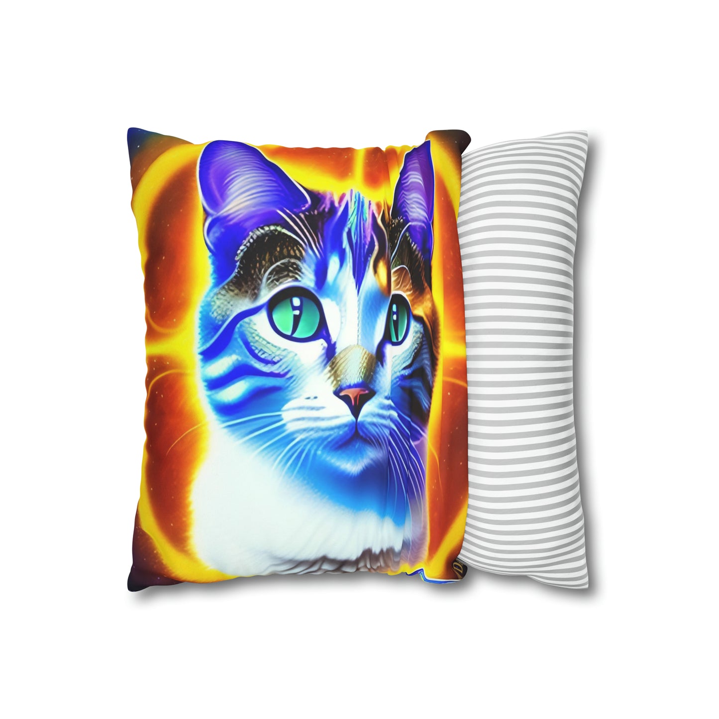 Divine Arts Faux Suede Double-Sided Square Pillow Case - Fantasy Galaxy Space Cat Lover Large Close Up View of the Face of a Female Brown Tabby Cat with Green Eyes With a Pulsing Yellow Orange Aura From Weilding the Merkaba Pillow Cover in Four Sizes