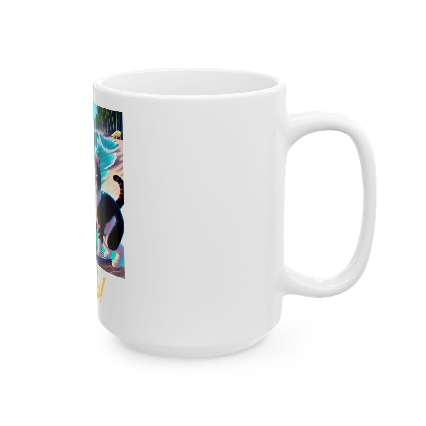 Surfing Cat Ceramic Mug (11oz/15oz) โ "Paws Ten!" Retro Beach Coffee Cup by Divine Arts