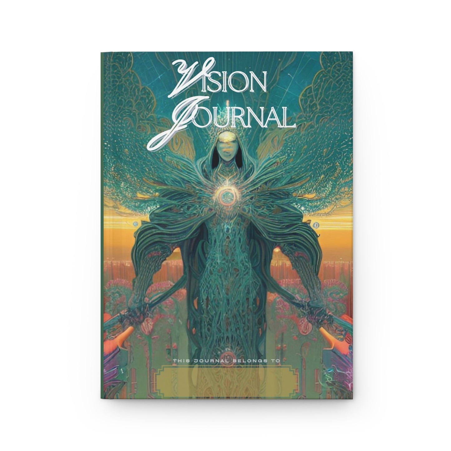 Divine Arts Hardcover Journal Notebook Stationery Matte Laminate Coating, Ruled Line Wraparound Art- Large Front View of Forest Green Valkyrie Celestial Being with Two Pink Plasma Light Weapons and Long Ascending Wispy Wings Guarding the City at Sunset