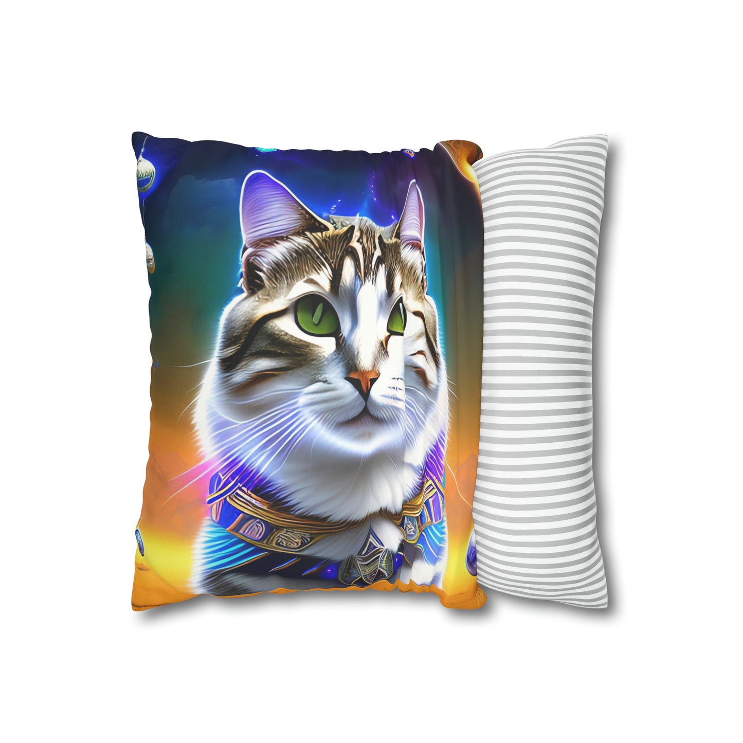 Divine Arts Faux Suede Double-Sided Square Pillow Case - Fantasy Galaxy Space Cat Lover Male Gray & Brown Tabby Cat with Green Eyes with Blue, Green & Orange Aura and Ornate Light Blue and Purple Crystal Collar Merkaba Pillow Cover in Four Sizes