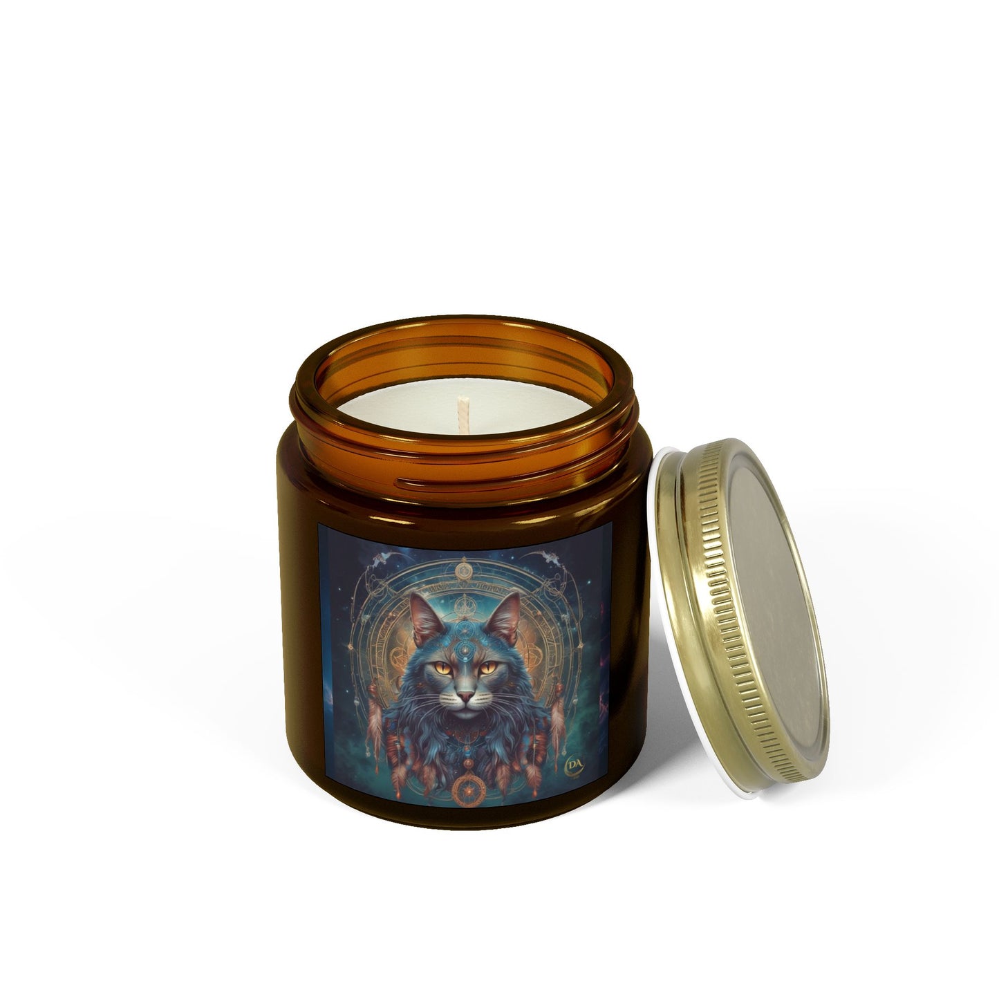 Premium Coconut Apricot Wax Scented Candles, Various Floral & Spice Fragrances (4oz), Spiritual Christmas Holiday Cat Lover Pet Gift, Gray Cat Galaxy Space Fantasy Tribal Art, by Divine Arts