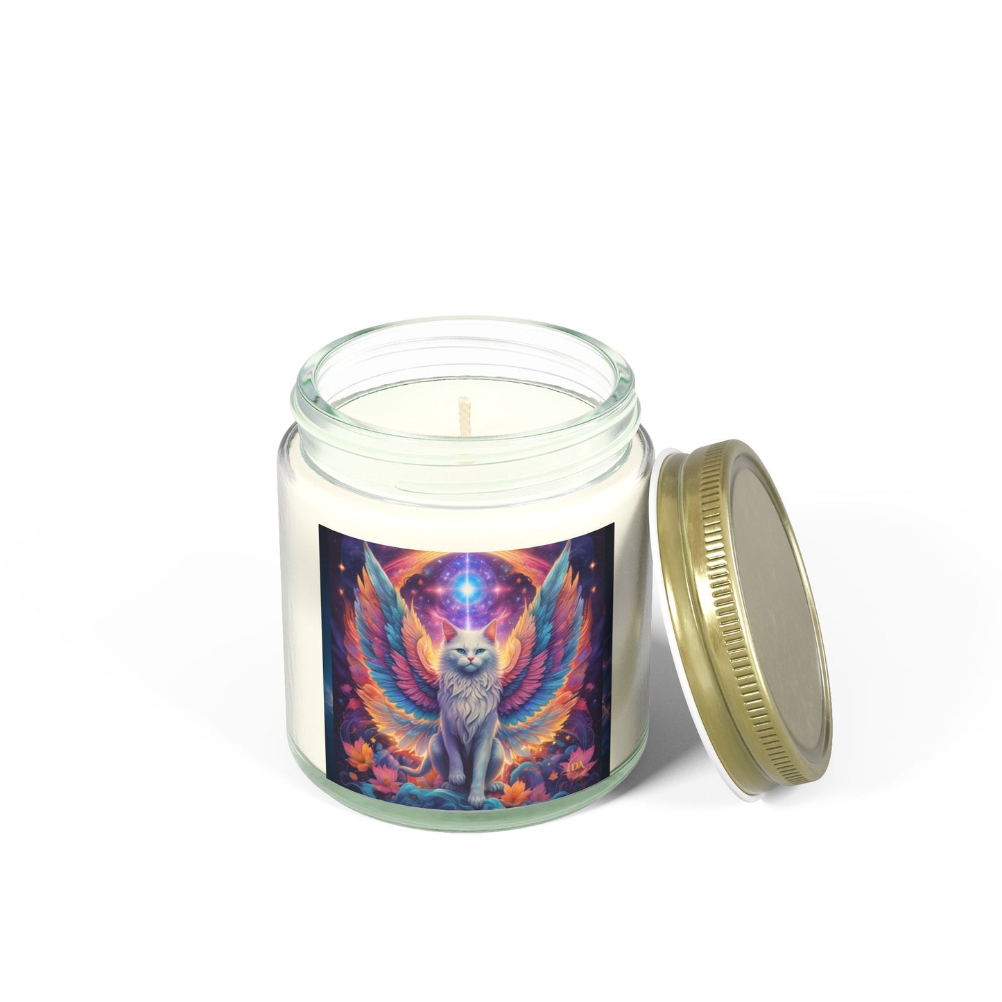 Premium Coconut Apricot Wax Scented Candles, Various Floral & Spice Fragrances (4oz), Spiritual Christmas Holiday Cat Lover Pet Gift, Galaxy Space White Angel Cat Art, by Divine Arts