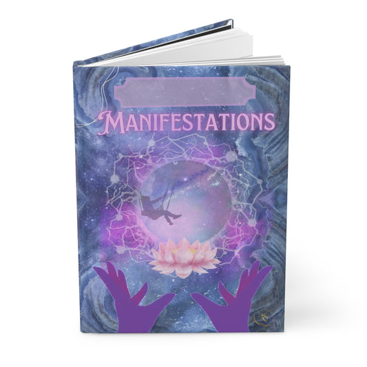 Divine Arts Hardcover Matte Laminate Coating  Ruled Line Fantasy Violet Pink & Purple Divine Feminine Hands Levitating a Electrically Charged Crystal on a Pink Lotus with Gal Riding on a Space Swing Inside Manifestation Journal Stationery Notebook