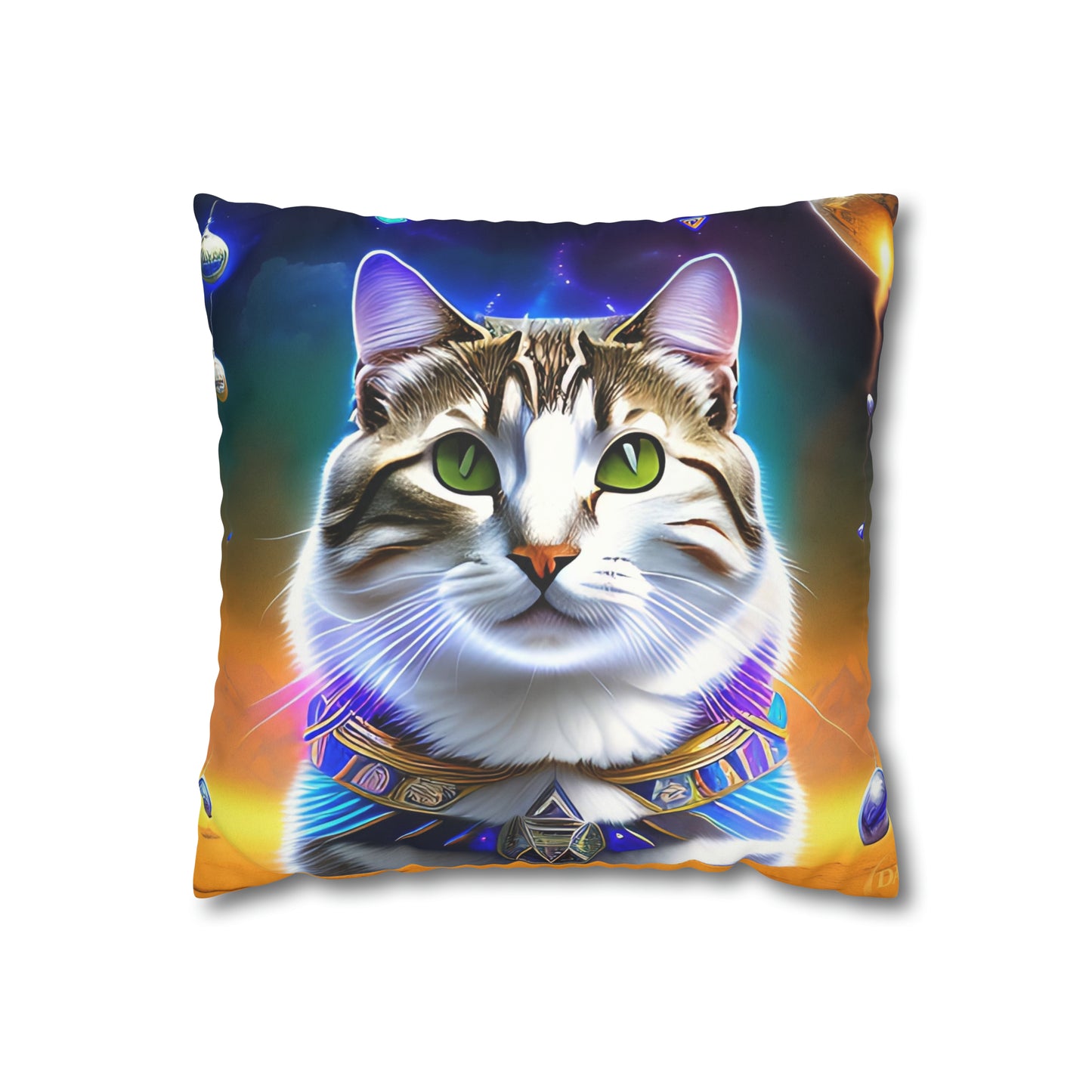 Divine Arts Faux Suede Double-Sided Square Pillow Case - Fantasy Galaxy Space Cat Lover Male Gray & Brown Tabby Cat with Green Eyes with Blue, Green & Orange Aura and Ornate Light Blue and Purple Crystal Collar Merkaba Pillow Cover in Four Sizes