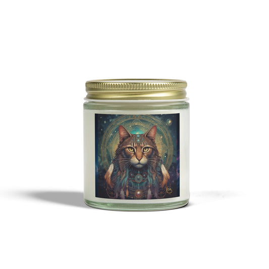 Premium Coconut Apricot Wax Scented Candles, Various Floral & Spice Fragrances (4oz), Spiritual Christmas Holiday Cat Lover Pet Gift, Brown Tabby Cat Galaxy Space Fantasy Tribal Art, by Divine Arts