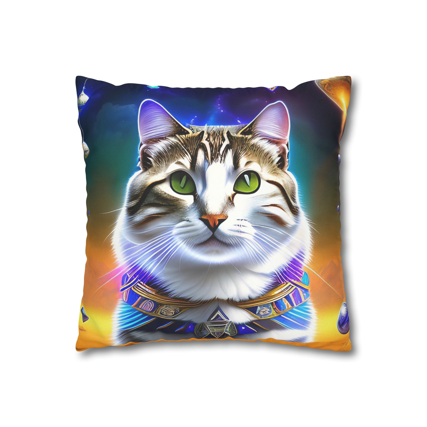 Divine Arts Faux Suede Double-Sided Square Pillow Case - Fantasy Galaxy Space Cat Lover Male Gray & Brown Tabby Cat with Green Eyes with Blue, Green & Orange Aura and Ornate Light Blue and Purple Crystal Collar Merkaba Pillow Cover in Four Sizes