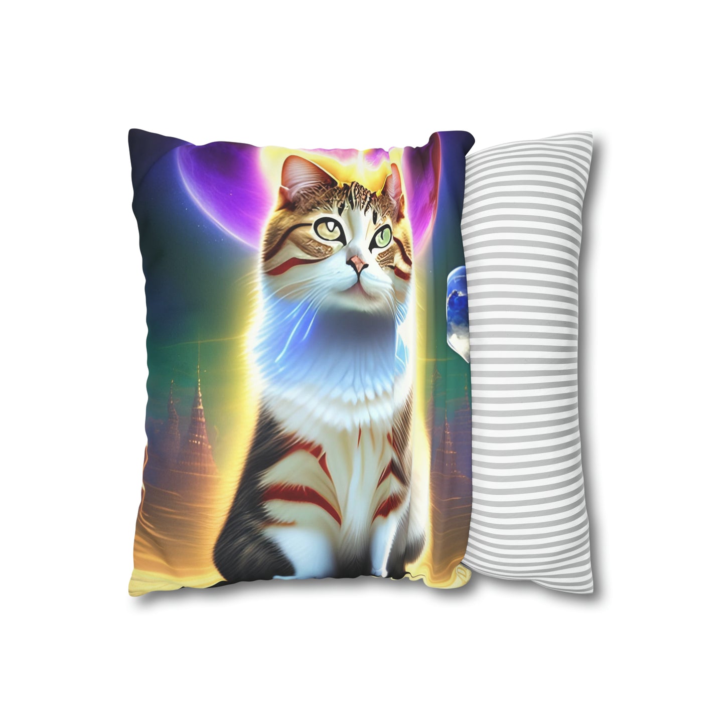 Divine Arts Faux Suede Double-Sided Square Pillow Case - Fantasy Galaxy Space Cat Lover Female Brown and White Tabby Cat with Heterochromia and a Bright Yellow & Purple Aura Spiritual Pillow Cover in Four Sizes