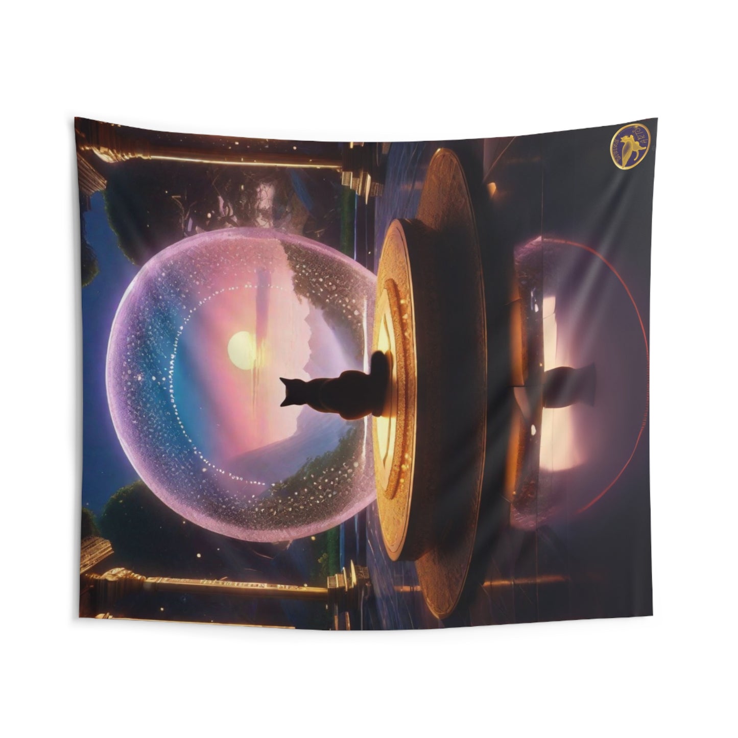 Indoor Polyester Wall Tapestry (88"X 104"), Silouhette of Large Cat Sitting on a Temple Platform Observing an Immense Lavendar Crystalline Bubble with Sunset Pastel Ombres and Moutainscape Background, Diamond Sutra Art, by Divine Arts