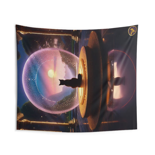 Indoor Polyester Wall Tapestry (88"X 104"), Silouhette of Large Cat Sitting on a Temple  Platform Observing an Immense Lavendar Crystalline Bubble with Sunset Pastel Ombres and Moutainscape Background, Diamond Sutra Art, by Divine Arts