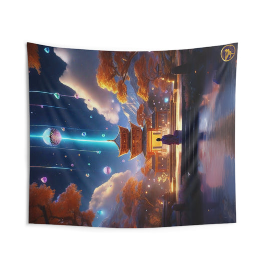 Indoor Polyester Wall Tapestry (88"X 104"), Young Buddhist Disciple Meditates between Large Golden Temple Pavillion and Relfective Lake Framed by Autumn Auburn Foilage and a Stream of Rising Bubbles, Diamond Sutra Art, by Divine Arts
