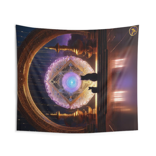 Indoor Polyester Wall Tapestry (88"X 104"), Cat Pair by a Lavendar Pink & Blue Glowing Ethereal Crystal Golden Mandala Framed in a Golden Arc Amidst the Purple Glow of Night, Diamond Sutra Art, by Divine Arts