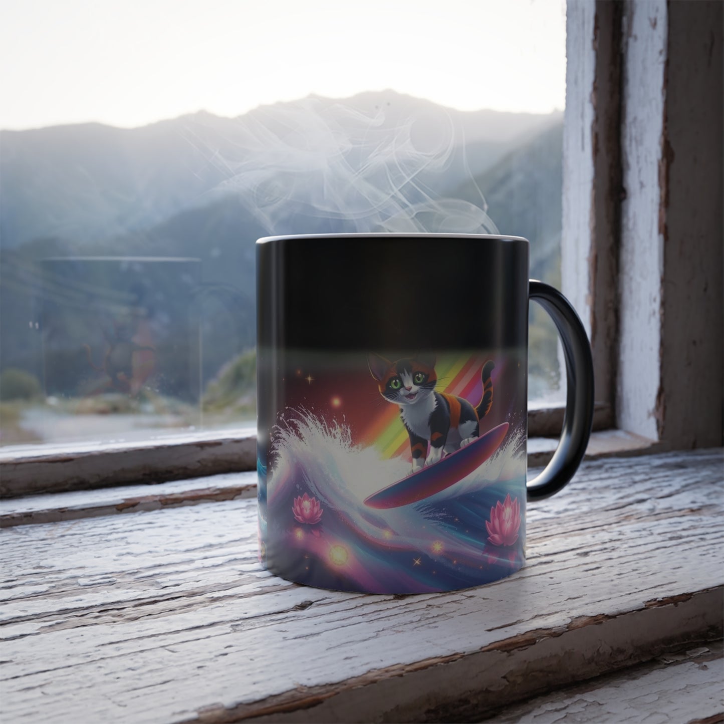 Color-Changing Galaxy Cats Mug โ Cosmic Grey and Calico Cats & Lotus Rainbow Sacred Geometry Merkaba Magic 11oz by Divine Arts