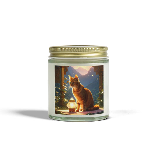 Premium Coconut Apricot Wax Scented Candles, Various Floral & Spice Fragrances (4oz), Spiritual Christmas Holiday Cat Lover Pet Gift, Ginger Tabby Cat Buddhist Diamond Sutra Temple Art, by Divine Arts