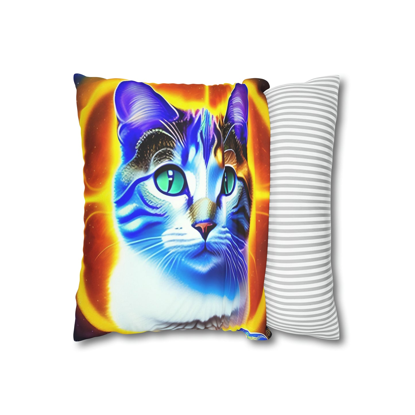 Divine Arts Faux Suede Double-Sided Square Pillow Case - Fantasy Galaxy Space Cat Lover Large Close Up View of the Face of a Female Brown Tabby Cat with Green Eyes With a Pulsing Yellow Orange Aura From Weilding the Merkaba Pillow Cover in Four Sizes