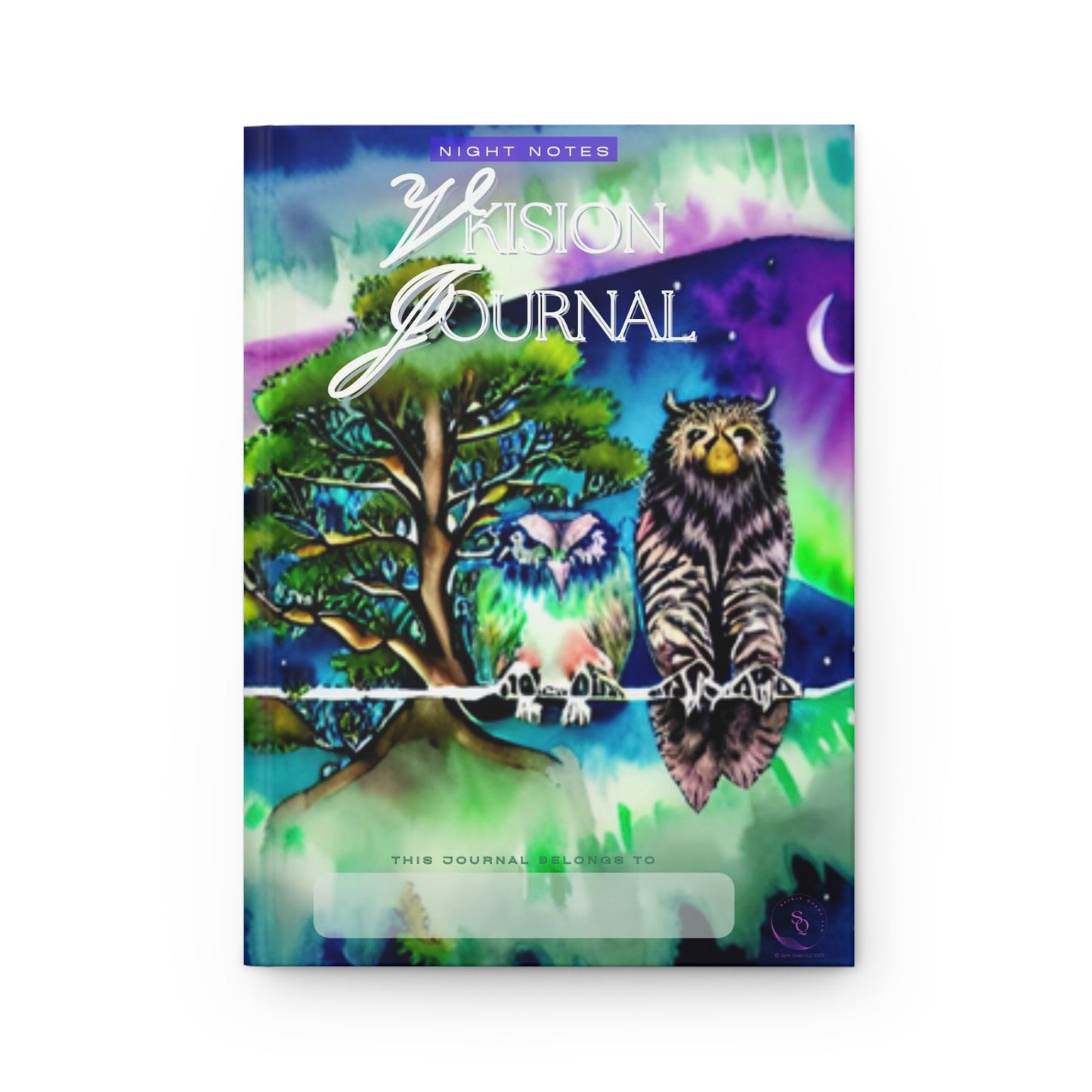 Divine Arts Hardcover Matte Laminate Coating Ruled Line Wraparound Art Journal Notebook Stationery - Tree Owls Perched on Line Amidst Green and Purple Aurora Borealis in Watercolor Design on Front and Back Covers Nature Spiritual Outdoors