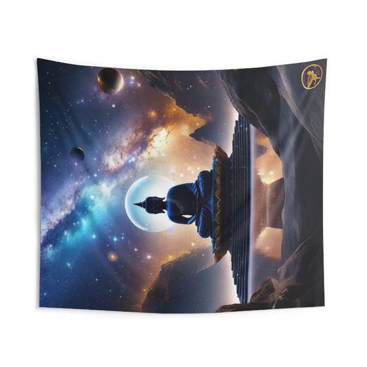 Indoor Polyester Wall Tapestry (88"X 104"), Buddha in Samadhi Bliss Meditation Outdoors on a Lotus Seat of Enlightenment with Colorful Milky Way Galaxy and Mountains Backgound on a Reflective Surface, Diamond Sutra Art, by Divine Arts