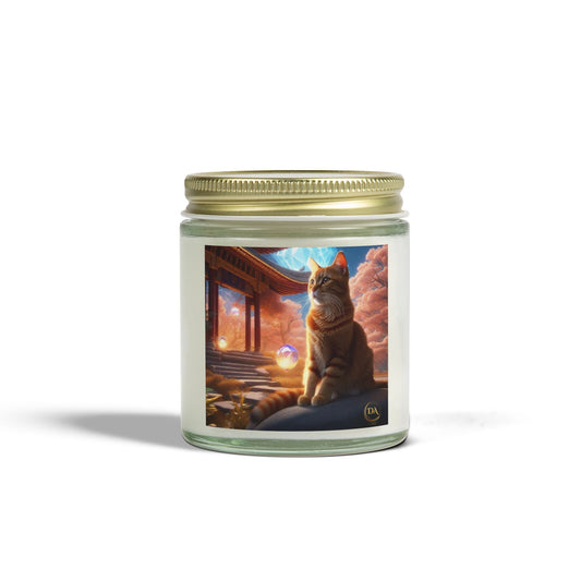 Premium Coconut Apricot Wax Scented Candles, Various Floral & Spice Fragrances (4oz), Spiritual Christmas Holiday Cat Lover Pet Gift, Ginger Tabby Cat Buddhist Diamond Sutra Temple Art, by Divine Arts