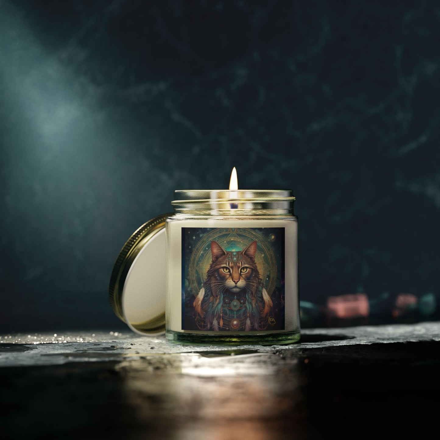 Premium Coconut Apricot Wax Scented Candles, Various Floral & Spice Fragrances (4oz), Spiritual Christmas Holiday Cat Lover Pet Gift, Brown Tabby Cat Galaxy Space Fantasy Tribal Art, by Divine Arts