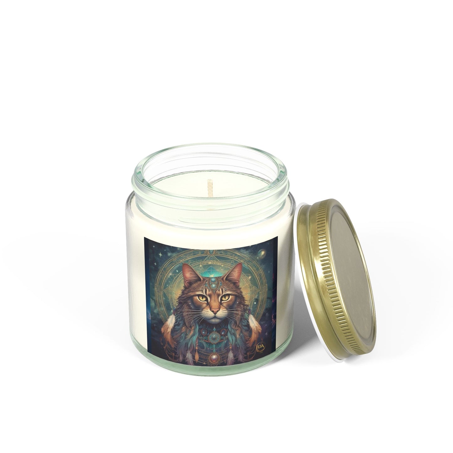Premium Coconut Apricot Wax Scented Candles, Various Floral & Spice Fragrances (4oz), Spiritual Christmas Holiday Cat Lover Pet Gift, Brown Tabby Cat Galaxy Space Fantasy Tribal Art, by Divine Arts