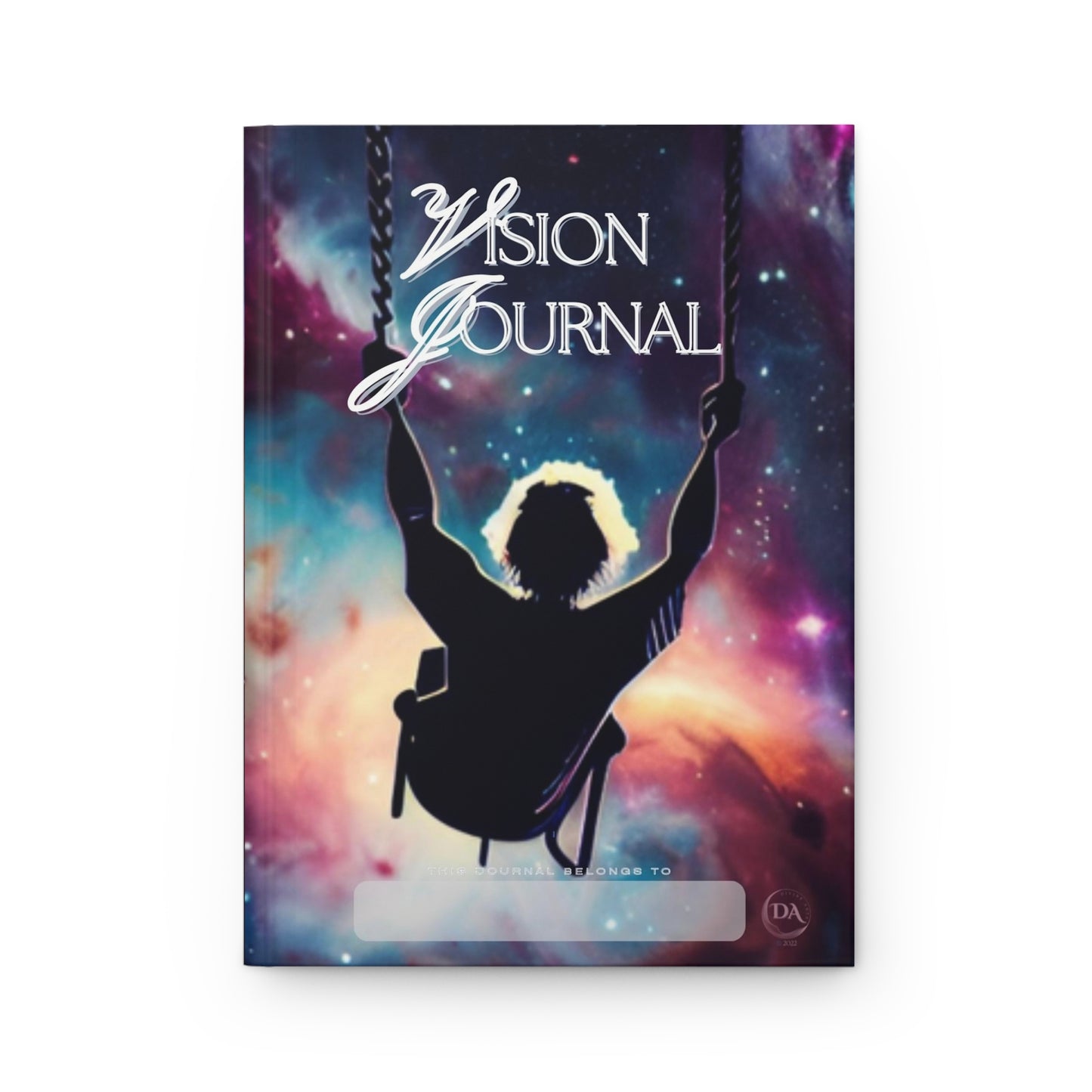 Divine Arts Hardcover Matte Laminate Coating Ruled Line Wraparound Art Inspirational Vision Journa Notebook Stationery - Playful Fantasy Galaxy Space Art Young Man on Space Swing Amidst Colorful Universe of Nebulas and Stars