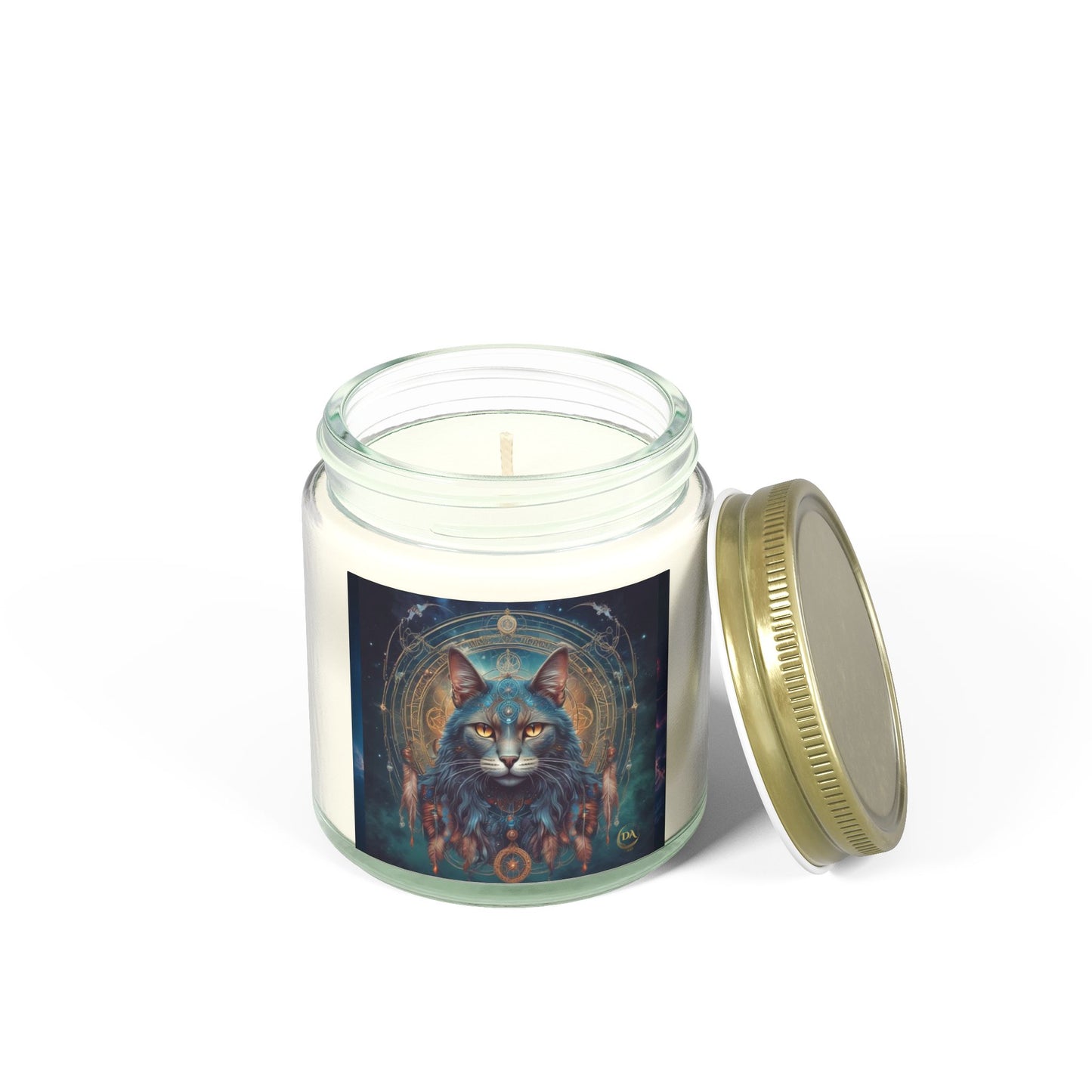 Premium Coconut Apricot Wax Scented Candles, Various Floral & Spice Fragrances (4oz), Spiritual Christmas Holiday Cat Lover Pet Gift, Gray Cat Galaxy Space Fantasy Tribal Art, by Divine Arts