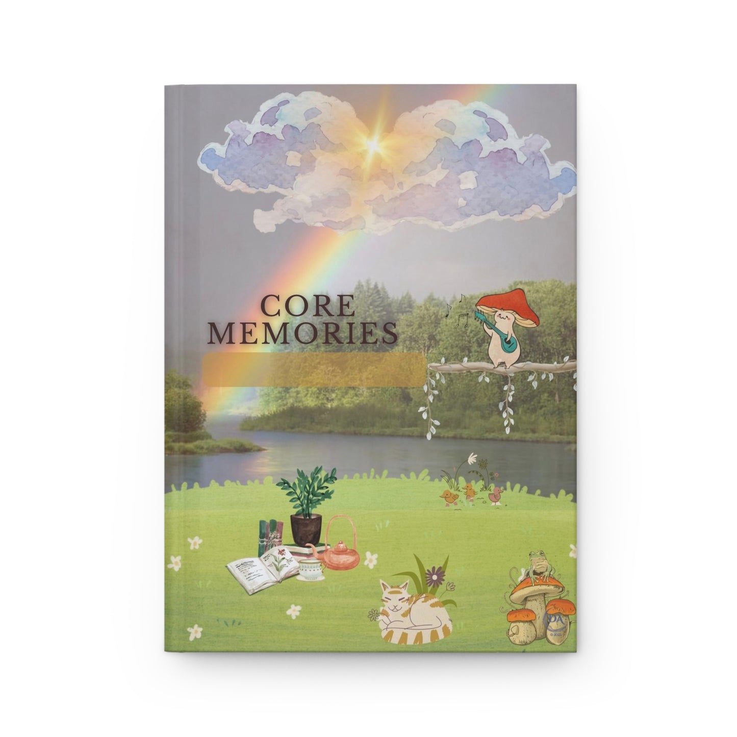 Divine Arts Hardcover Journal Notebook Matte Laminate Coating Ruled Line Wraparound Art - Core Memories Outdoors Nature With Mushroom Mandolin Serenade on Sunny Rainbow Day by Orange Striped Tabby Cat and Book Tea Picnic Setting Amidst Glowing Lake