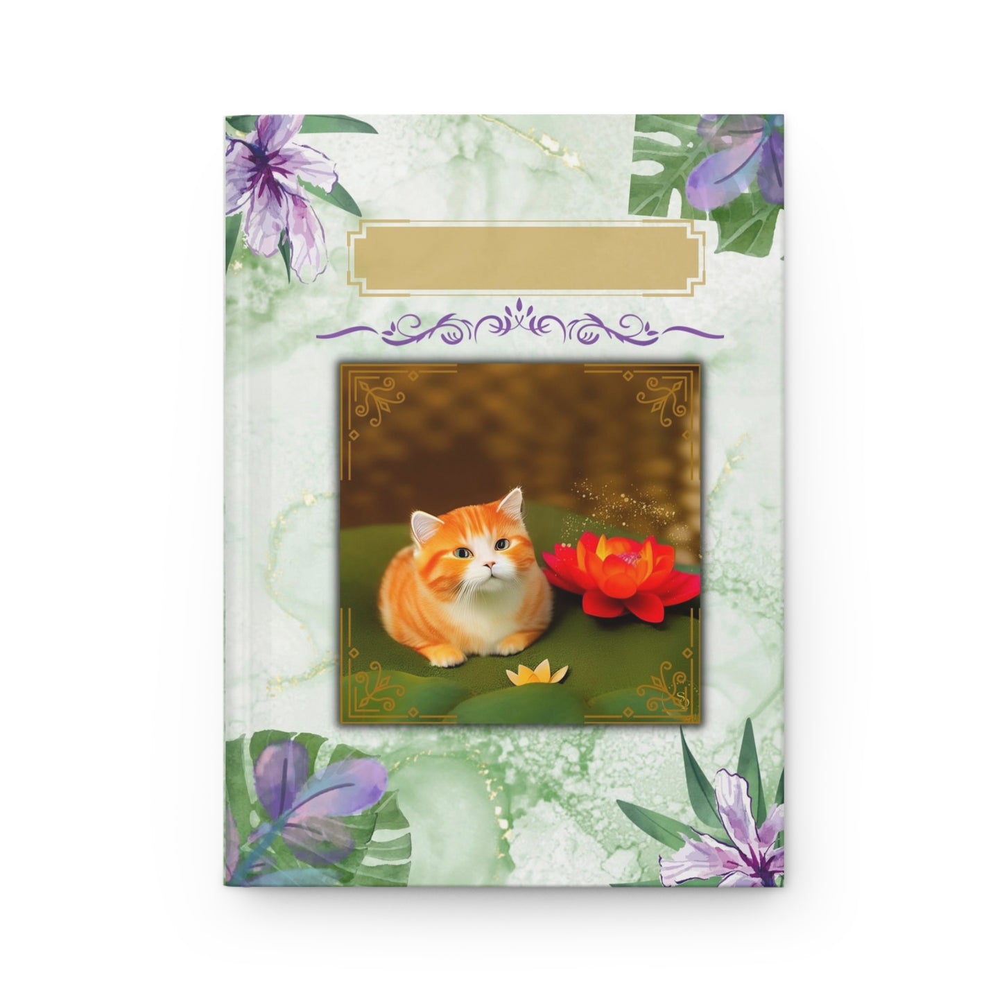 Divine Arts Hardcover Matte Journal Notebook Stationery Laminate Coating Ruled Line Orange Tabby Kitten Sitting Beside Pink and Yellow Lotuses in Decorative Picture Frame with Purple and Green Graphic Florals Framing the Front Cover