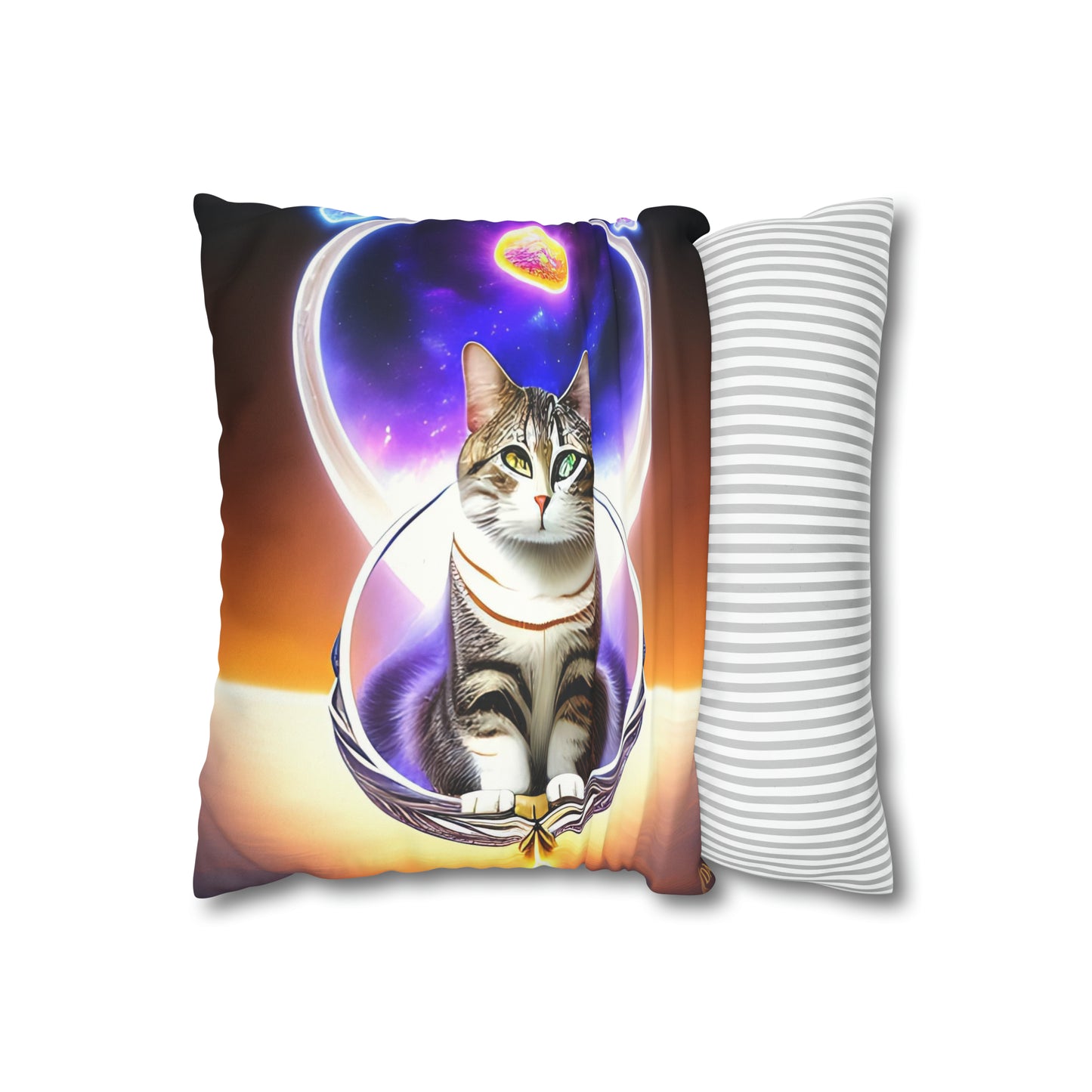 Divine Arts Faux Suede Double-Sided Art Square Pillow Cover in Four Sizes - Fantasy Galaxy Space Cat Lover Gray Tabby Cat With Heterochromia on Basket in Space With Purple, Blue & Pink Aura Meditating in Trance on the Merkaba