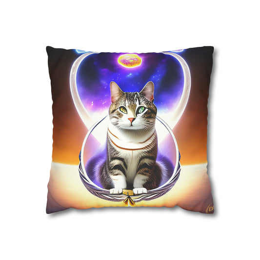 Divine Arts Faux Suede Double-Sided Art Square Pillow Cover in Four Sizes - Fantasy Galaxy Space Cat Lover Gray Tabby Cat With Heterochromia on Basket in Space With Purple, Blue & Pink Aura Meditating in Trance on the Merkaba