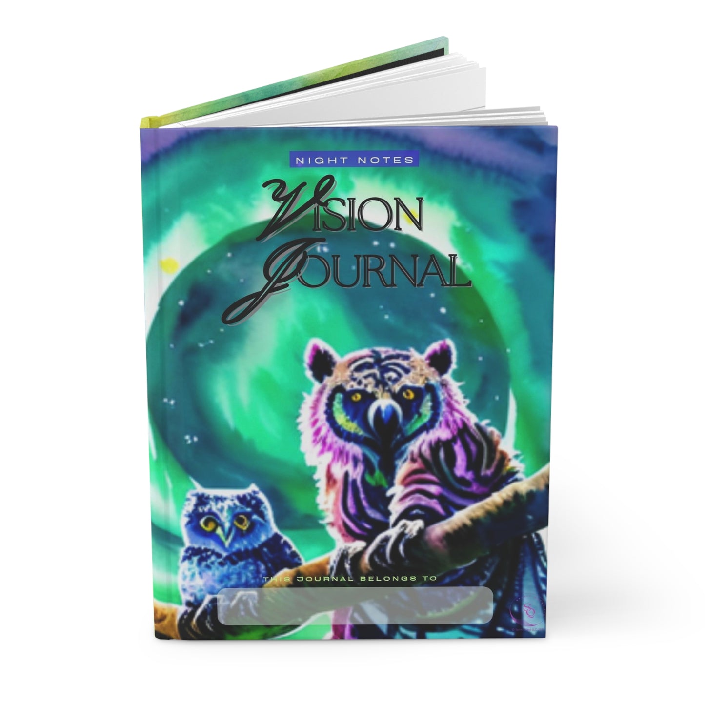 Divine Arts Hardcover Journal Notebook Stationery Matte Ruled Line Laminate Coating Wraparound Art - Fantasy Green and Blue Watercolor of Tree Owl Pair Centered in a Large Circular Green and Purple Aurora Borealis Sky Front and Back Cover Art