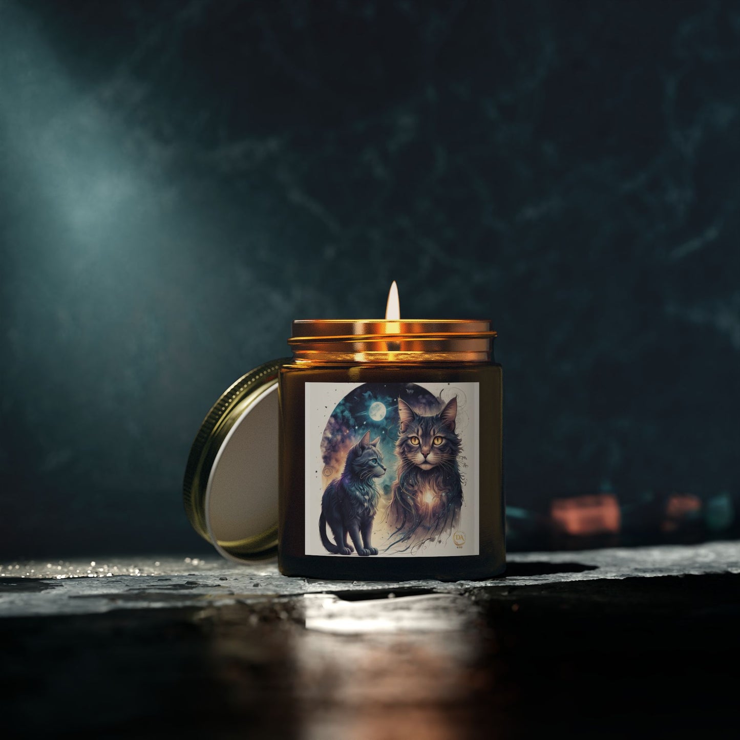 Premium Coconut Apricot Wax Scented Candles, Various Floral & Spice Fragrances (4oz), Spiritual Christmas Holiday Cat Lover Pet Gift, Ginger, White, Brown Tabby & Gray Cats Galaxy Space Fantasy Cat Art, by Divine Arts